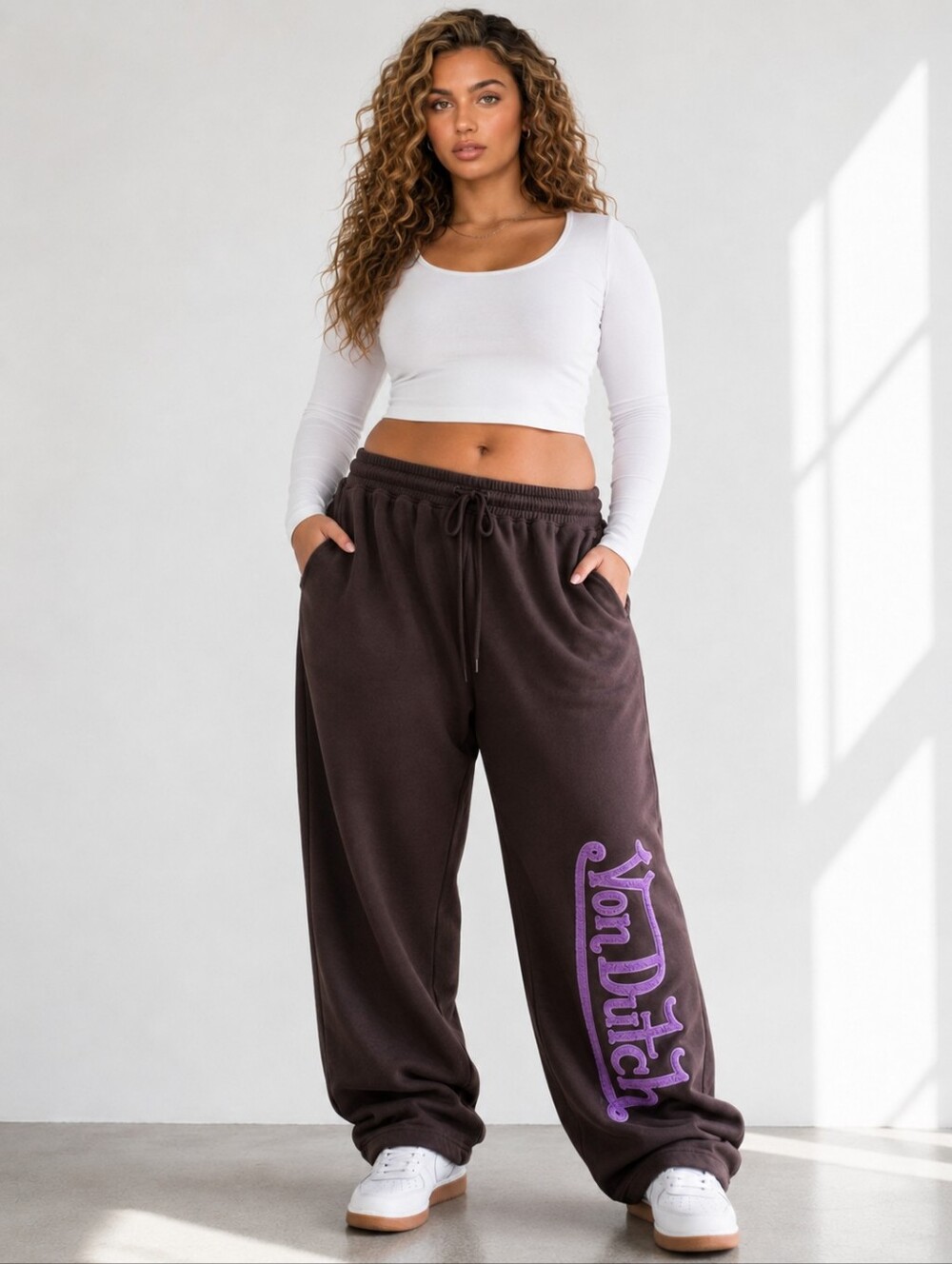 VON DUTCH Brown Joggers w/ Lilac Chenille Logo Womens Plus Size 2X NWT